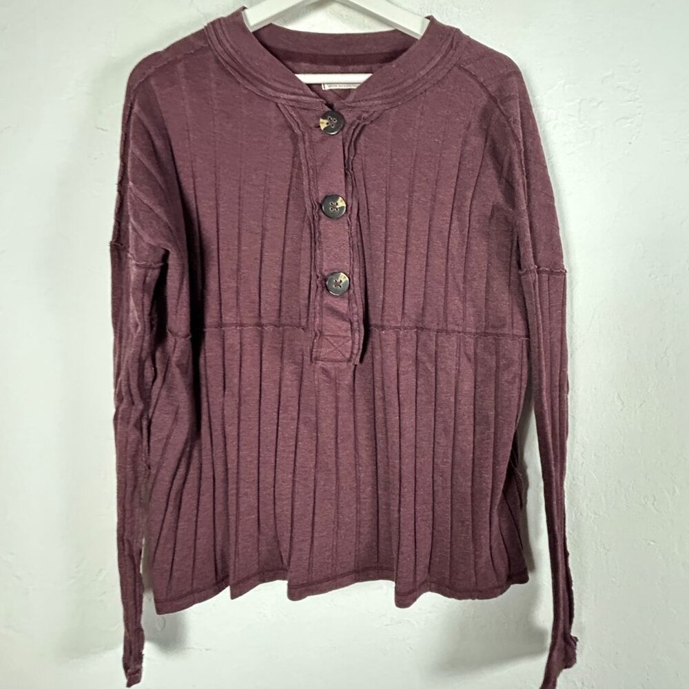 Free People We The Free Womens In The Mix Henley Top Medium Purple Ribbed Knit